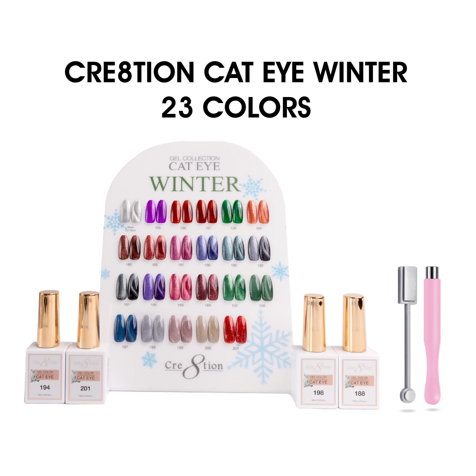 Cre8tion Cat Eye Gel 0.5oz - Winter Collection - 23 colors w/ 1 Round Shape Magnet, 1 Magnet Duo & 1 Color Chart