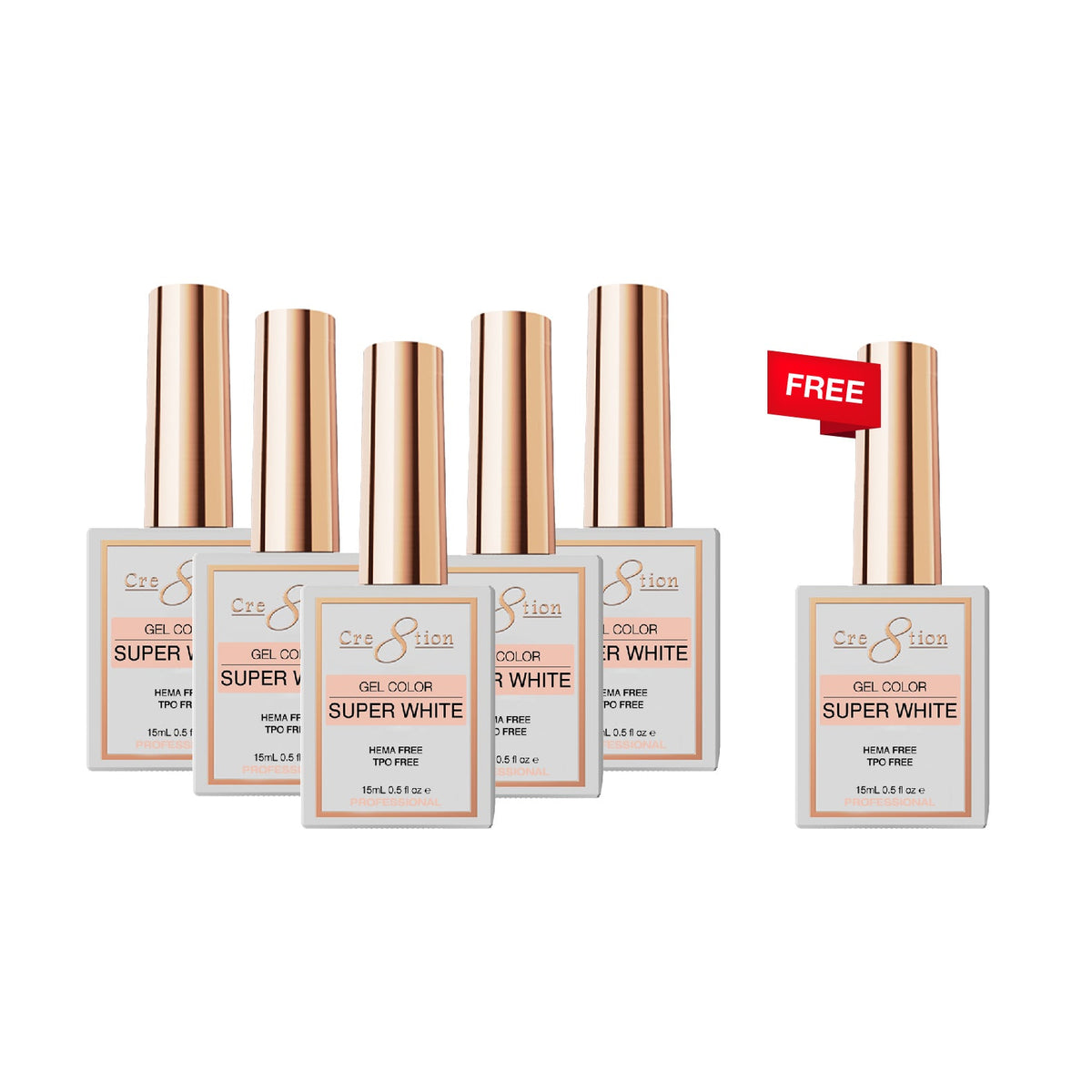 [6 Pack Bonus] Cre8tion Soak Off Gel - Super White 0.5oz (HEMA/TPO Free) (Compare - Buy 5 Get 1 Free)