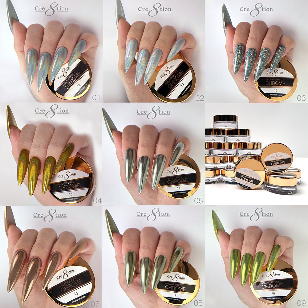 Cre8tion Chrome Nail Art Effect 1g - Full set 36 Colors (#01 - #36) w/ 1 Chrome Base & 1 Chrome Top 0.5oz