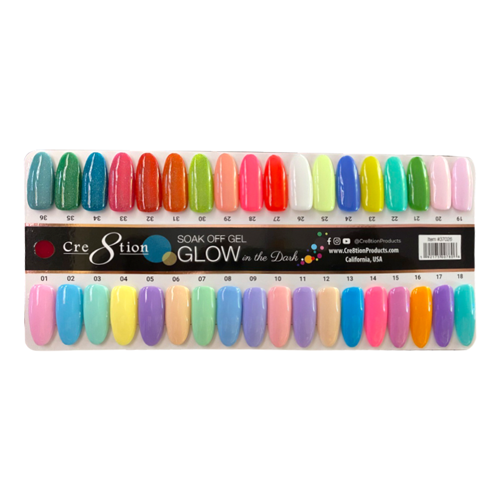 Cre8tion Glow in the Dark Gel 0.5oz - Full Set 36 colors w/ 3 Top Glow in the Dark 0.5oz & 1 Color Chart